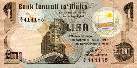 Malta 1 Lira Pick Number: 34a VF/F (see large scan) Banknote