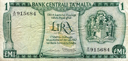 Malta 1 Lira Pick Number: 31b F/VG (see large scan) Banknote