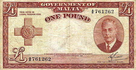 Malta 1 Pound Pick Number: 22 F (center hole) Banknote