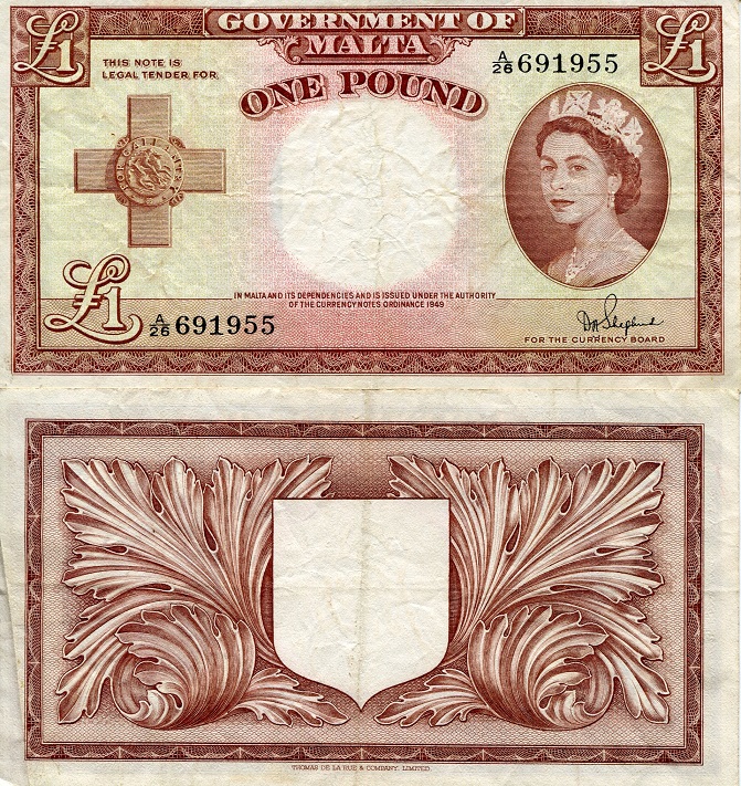 Malta 1 Pound Pick Number: 24b VF/F Banknote