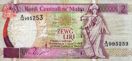 Malta 2 Liri Pick Number: 45b F (See large scan) Banknote