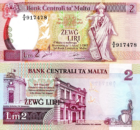 Malta 2 Liri Pick Number: 41 UNC Banknote