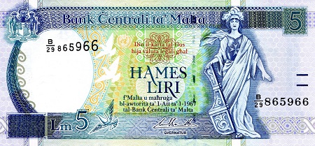 Malta 5 Liri Pick Number: 46d UNC (red ink near TRC from printing) Banknote