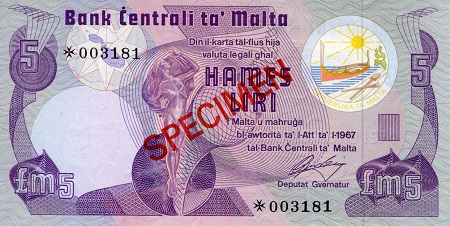 Malta 5 Liri Pick Number: 35as1 aUNC (small corner issue) Banknote