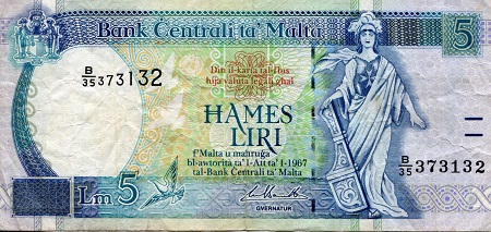 Malta 5 Liri Pick Number: 46d F (See large scan) Banknote