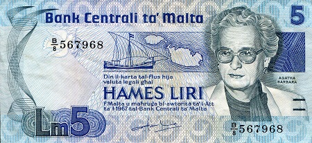 Malta 5 Liri Pick Number: 38 VF+ (see large scan) Banknote
