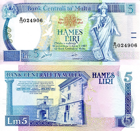 Malta 5 Liri Pick Number: 42 UNC Banknote