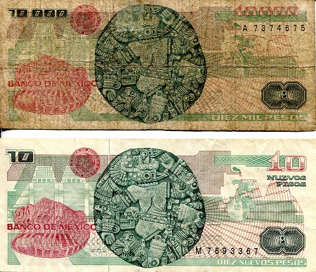 Mexico 10,000 & 10 Pesos VG & F (see large scans) pick #: 90b & 95