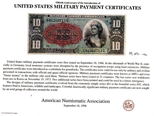 USA - Military 10 Dollars Pick Number: M49r (souvenir card - copy) Card (No Grade) Banknote