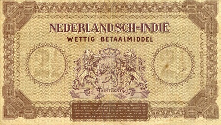 Netherlands Indies 2 1/2 Gulden VG (see large scan) pick #: 109a