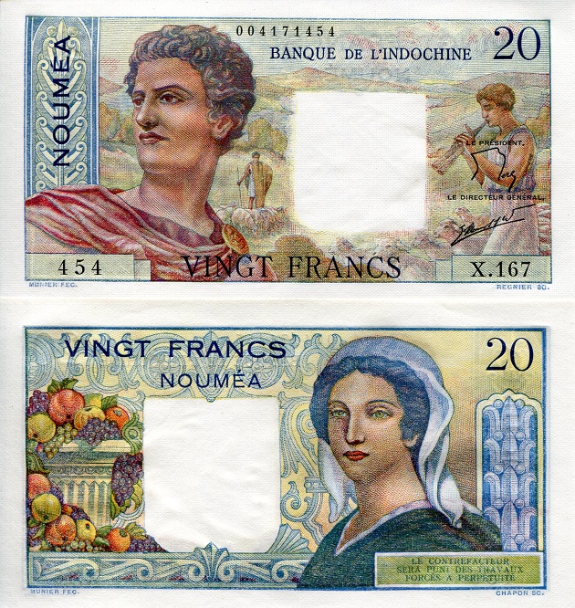 New Caledonia 20 Francs Pick Number: 50c UNC Banknote