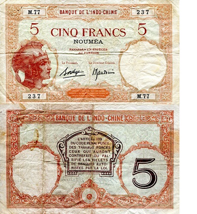 New Caledonia 5 Francs Pick Number: 36b F (see large scan) Banknote