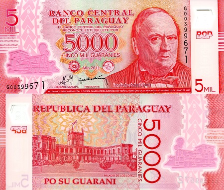 Paraguay 5,000 Guaranies Pick Number: 234a UNC Banknote