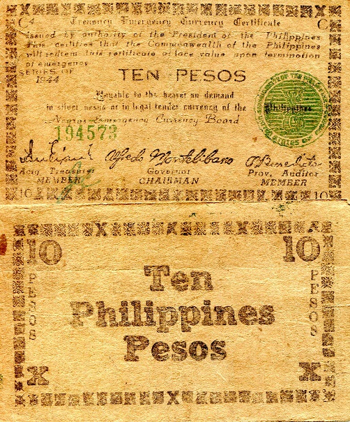 Philippines (Emergency Issue) 10 Pesos Pick Number: S676 VG (see scan) Banknote