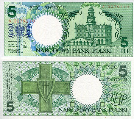 Poland 5 Zlotych Pick Number: 166 UNC Banknote