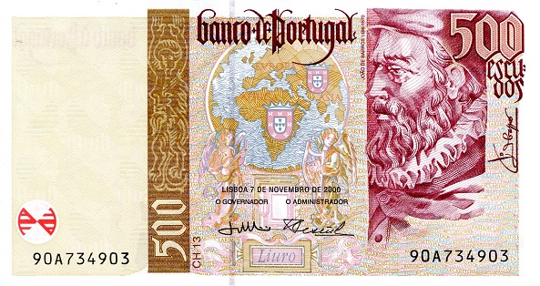 Portugal 500 Escudos Pick Number: 187c UNC Banknote