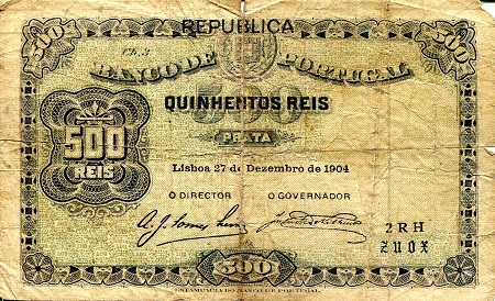 Portugal 500 Reis Pick Number: 105 G/Poor holes - tears into design (see large scan) Banknote
