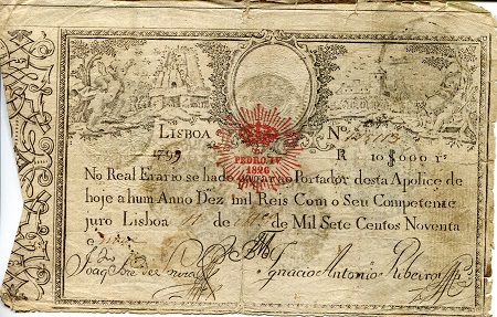 Portugal 10,000 Reis Pick Number: 13 (but it is revalued p13 - m F (see large scan) Printed on thin paper Banknote