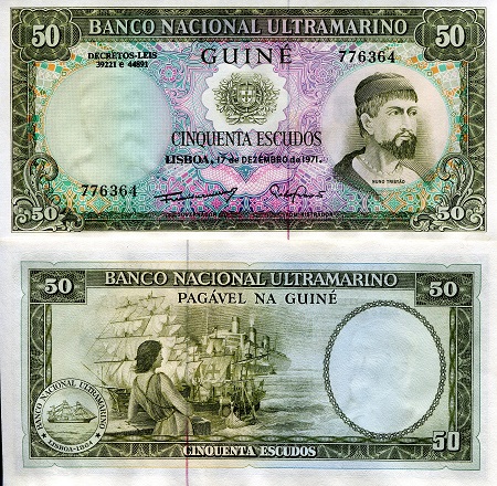 Portuguese Guinea 50 Escudos Pick Number: 44a XF - foxing (standard crinkly paper Banknote