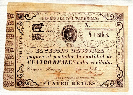 Paraguay 4 Reales Pick Number: NP-2 XF Banknote