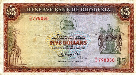 Rhodesia 5 Dollars Pick Number: 36b F (see large scan) Banknote