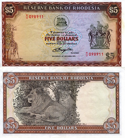 Rhodesia 5 Dollars Pick Number: 36b XF/VF (see large scan) Banknote