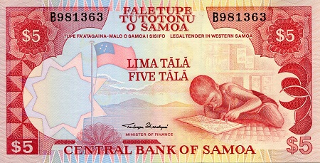 Samoa 5 Tala Pick Number: 26a UNC Banknote