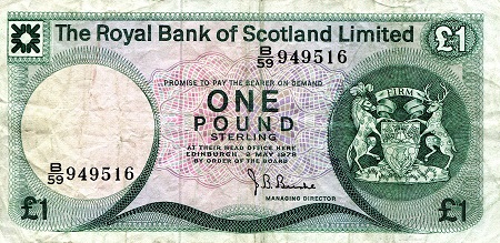 Scotland 1 Pound Pick Number: 336 F/VG (see scan) Banknote