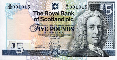 Scotland 5 Pounds Pick Number: 352d aUNC Banknote