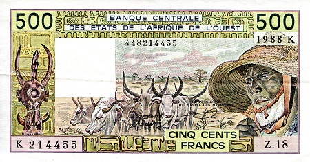 Senegal 500 Francs Pick Number: 706-Ka XF (2 hard folds) Banknote