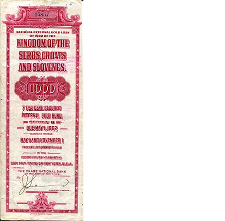 Serbia 1,000 Gold Bond Poor - Well Folded and handled