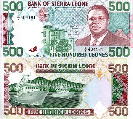 Sierra Leone 500 Leone Pick Number: 19 UNC Banknote
