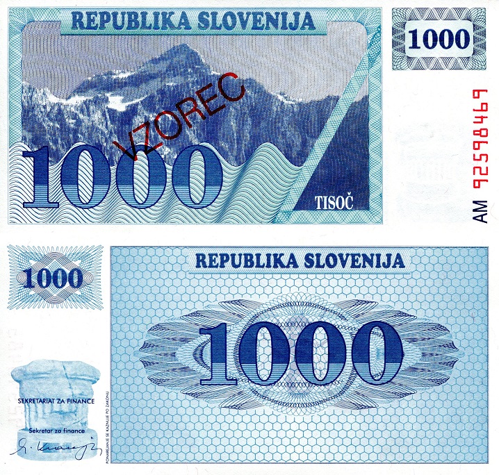Slovenia 1000 Tolarjev Pick Number: 9s1 UNC Banknote