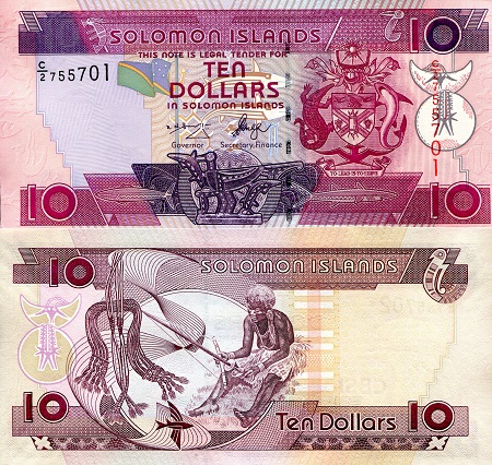 Solomon Islands 10 Dollars Pick Number: 27a UNC (slight miscut on edge) Banknote