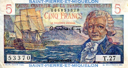 Saint Pierre and Miquelon 5 Francs F/VG (tape marks on back) pick #: 22