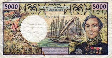Tahiti 5,000 Francs F/VG (Pinholes) pick #: 28d (sign 5)
