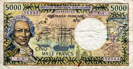 Tahiti 5,000 Francs Pick Number: 28d (sign 5) F/VG (Pinholes) Banknote