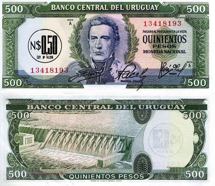 Uruguay 500 Pesos Pick Number: 54 aUNC Banknote