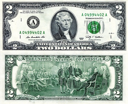 USA - Current Issues 2 Dollars Pick Number: 530A aUNC some ink marks from printing Banknote