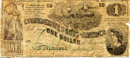 USA - Confederate 1 Dollar Pick Number: NP VG/G (hard folds - tears) Banknote