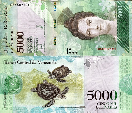 Venezuela 5,000 Bolivares Pick Number: 97c UNC Banknote