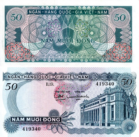 Vietnam South 50 Dong Pick Number: 25a aUNC/XF (small corner issues) Banknote