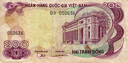 Vietnam South 200 Dong Pick Number: 27a F (See large scan) Banknote