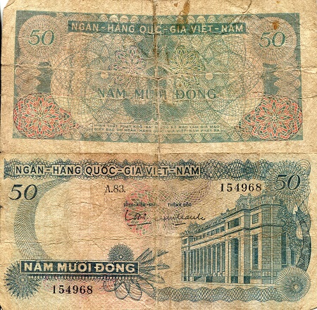 Vietnam South 50 Dong Pick Number: 25 G/Poor (see large scan) Large stains Banknote