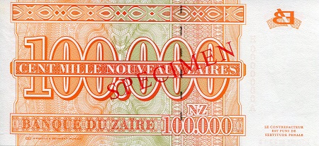 Zaire 100,000 Zaires UNC/aUNC pick #: 77s