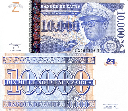 Zaire 10,000 New Zaires Pick Number: 70 UNC Banknote
