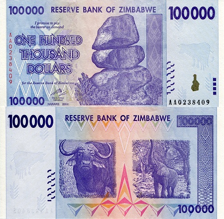 Zimbabwe 100,000 Dollars Pick Number: 75 UNC Banknote