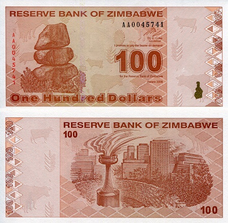 Zimbabwe 100 Dollars Pick Number: 97 aUNC (small corner issues) Banknote