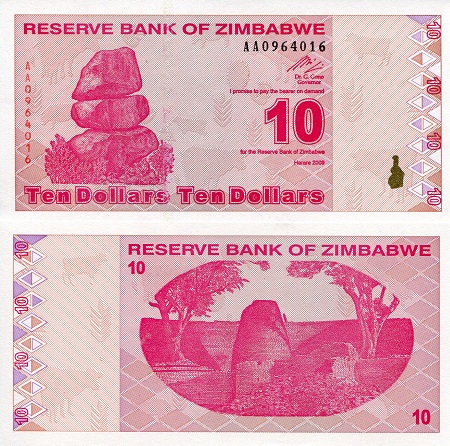 Zimbabwe 10 Dollars Pick Number: 94 aUNC (Corner issue) Banknote