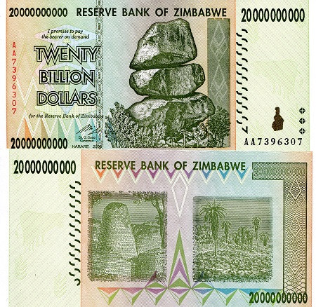 Zimbabwe 20 Billion Dollars Pick Number: 86 aUNC/XF Banknote